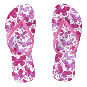 Tongs Pantoufles roses aquarelle papillons