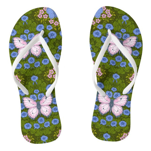 Tongs Papillons et symétrie des fleurs, bleu et rose (Semelle)