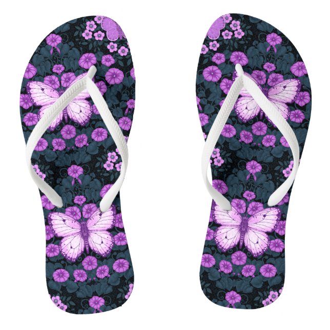 Tongs Papillons et symétrie des fleurs, violet et bleu (Semelle)