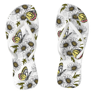 Tongs Papillons Jézabel et fleurs marguerites sur blanc