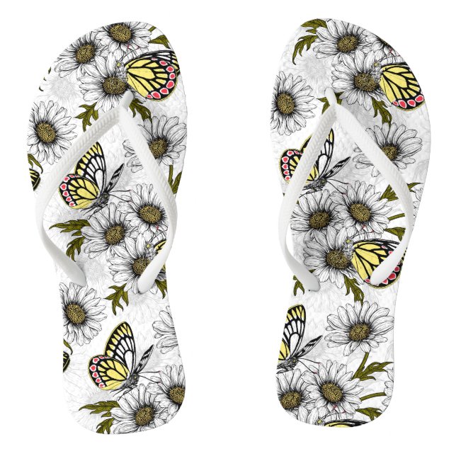 Tongs Papillons Jézabel et fleurs marguerites sur blanc (Semelle)
