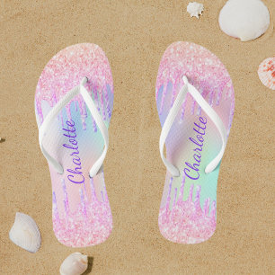 Tongs Parties scintillant rose violet gouttes nom hologr