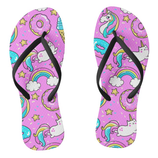 Tongs Pink Kitschy glittery drôle licorne et chaton (Semelle)