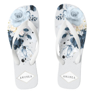 Tongs PixDezines Roses aquarelles bleu poussiéreux et bl