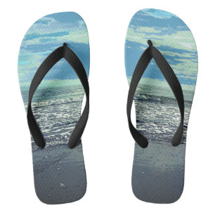 Tongs Plage Art Océan Abstrait Mer Bleu Gris Turquoise C