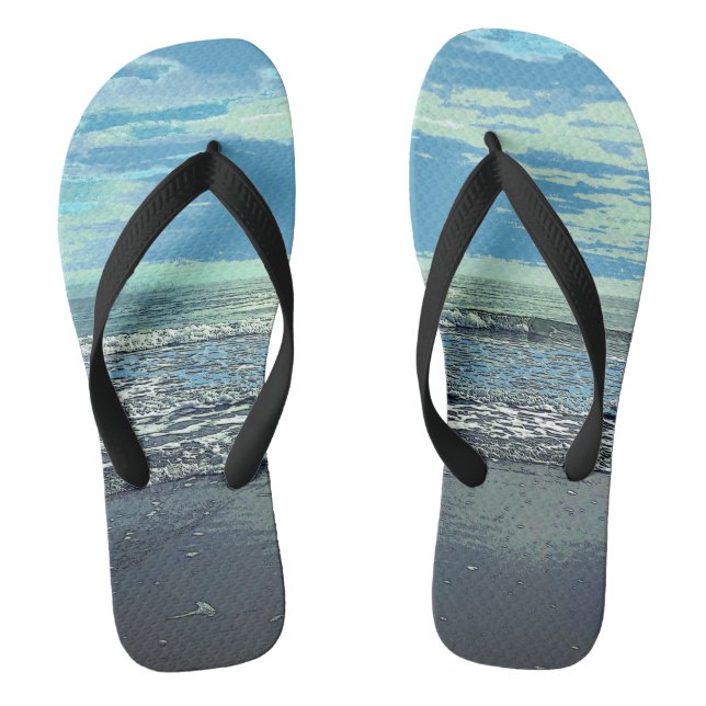 Tongs Plage Art Océan Abstrait Mer Bleu Gris Turquoise C (Semelle)