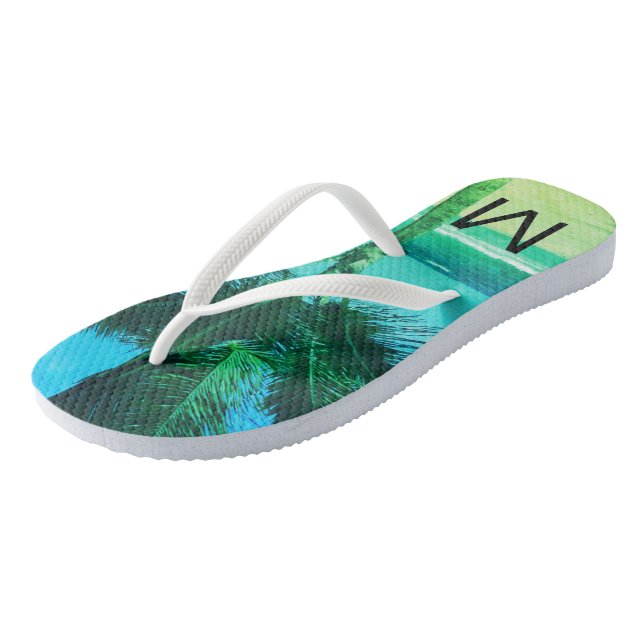 Tongs Plage et palmier bleu/vert tropicaux Initiale (Incliné)