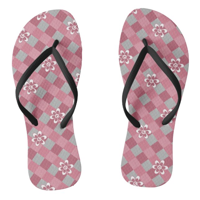 Tongs Plaid gris et rose avec fleurs camomilaires (Semelle)