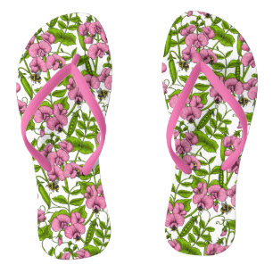 Tongs Pois doux et bourdons, rose, vert et blanc