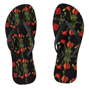 Tongs Poppies Rouges Vibrantes Sur Noir