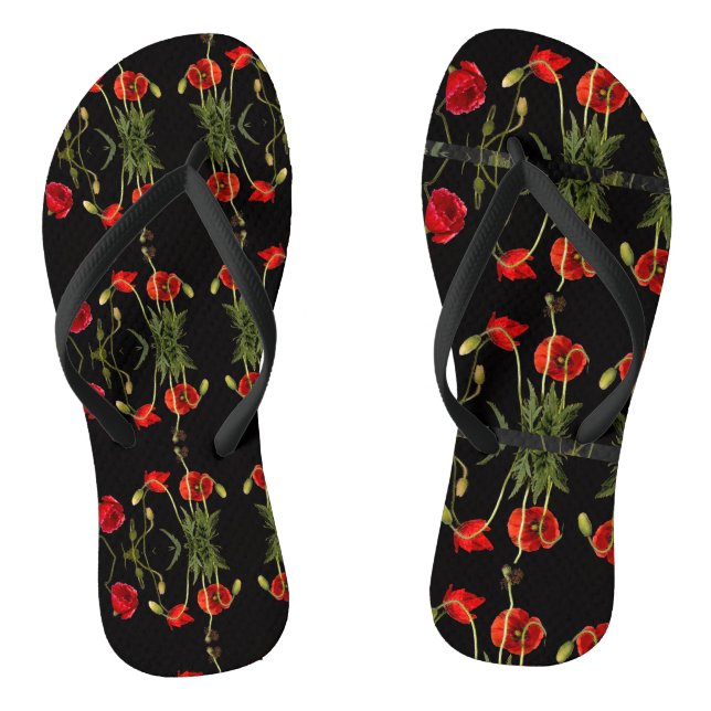 Tongs Poppies Rouges Vibrantes Sur Noir (Semelle)