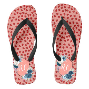 Tongs Poussière Bleue Élégante Fleurs & Cœurs Rouges Mon