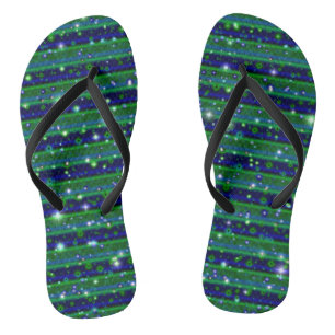 Tongs Rayures Bleu Vert avec Étoiles et Gouttes de Pluie