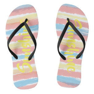 Tongs Rayures de soleil bleu rose Aquarelle jaune