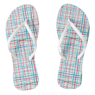 Tongs Red Aqua Turquoise Yellow Squgly Lines Plaid on
