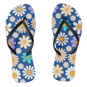 Tongs Retro Daisy Motif Simple.01. BG bleu