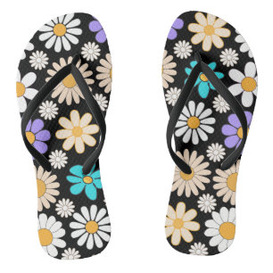 Tongs Retro Daisy Motif Simple.01. BG noir
