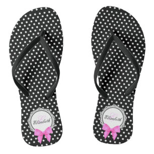 Tongs Rétro noir blanc poka point rose arc nom femme