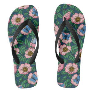 Tongs Rose de chien et papillons
