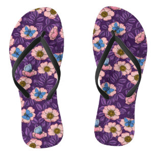 Tongs Rose de chien et papillons en rose et violet