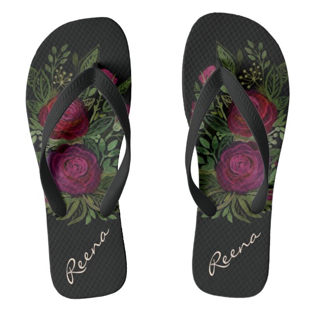 Tongs Roses aquarelle, sur un arrière - plan noir, aquar (Semelle)
