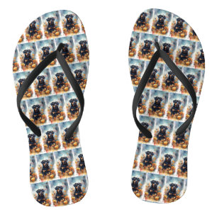 Tongs Rottweiler Halloween avec citrouilles effrayant