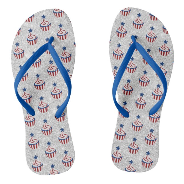 Tongs Rouge, Blanc, Bleu Cupcake Paillettes du 4 Juillet (Semelle)