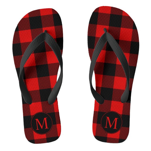 Tongs Rouge et noir carreau buffalo avec monogramme (Semelle)