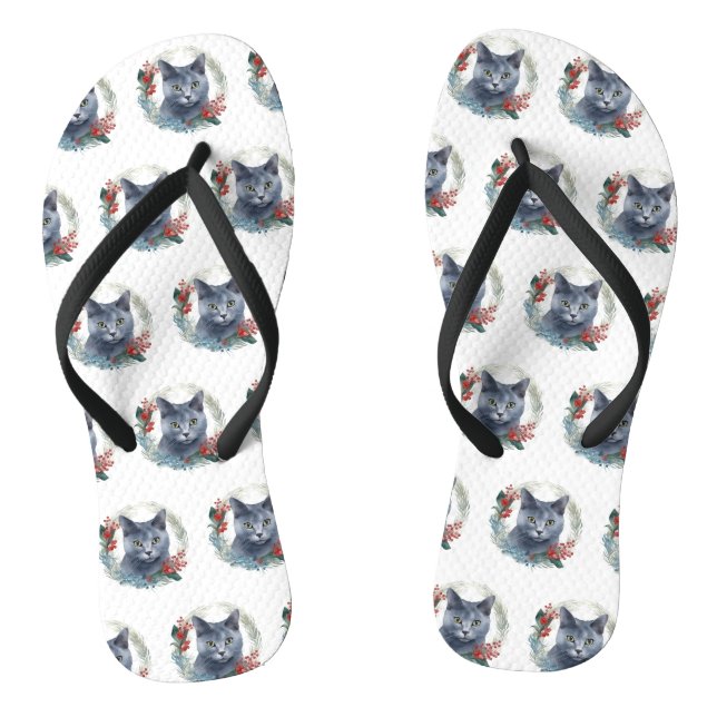 Tongs Russe Blue Chat Noël Wreath Festive Kitten (Semelle)