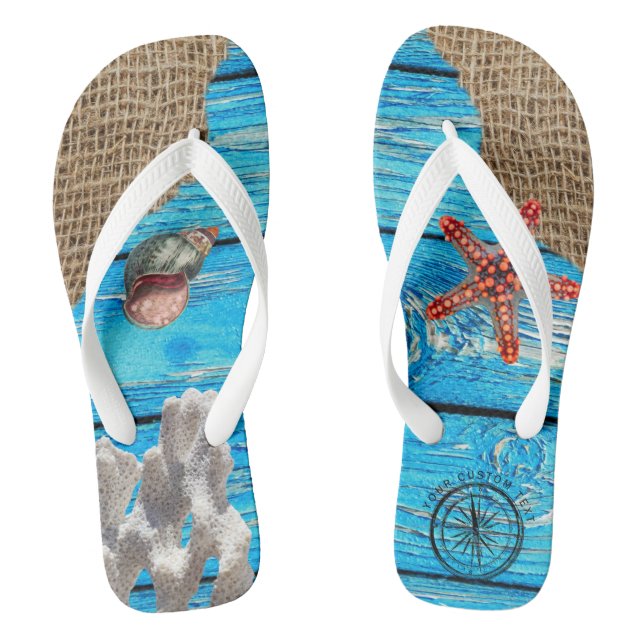 Tongs Rustique Nautique Bleu Burlap Starfish (Semelle)