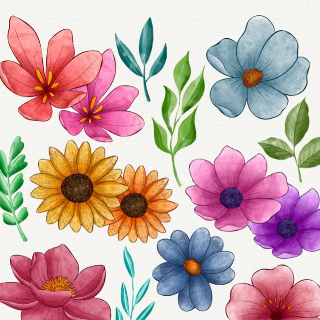 Tongs Sandales plates à fleurs aquarelles (A vibrant array of hand-painted flowers fills the canvas, showcasing a delightful mix of colors.)