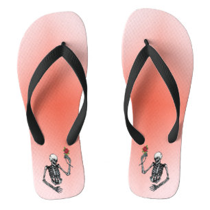 Tongs Squelette tenant Rose rouge sur pierre rose rouge