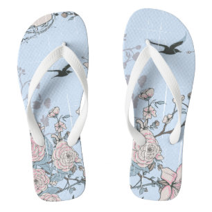 Tongs Style asiatique Pastel Pink Lys et Roses sur Blue