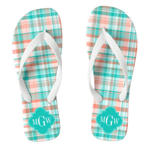 Tongs Teal Coral White Preppy Madras