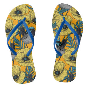 Tongs Troglodyte mignon et pavots en jaune