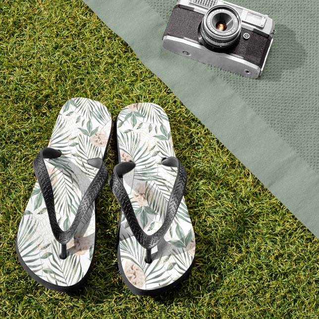 Tongs Tropical Watercolor Leaves & Flowers Pattern (Créateur téléchargé)