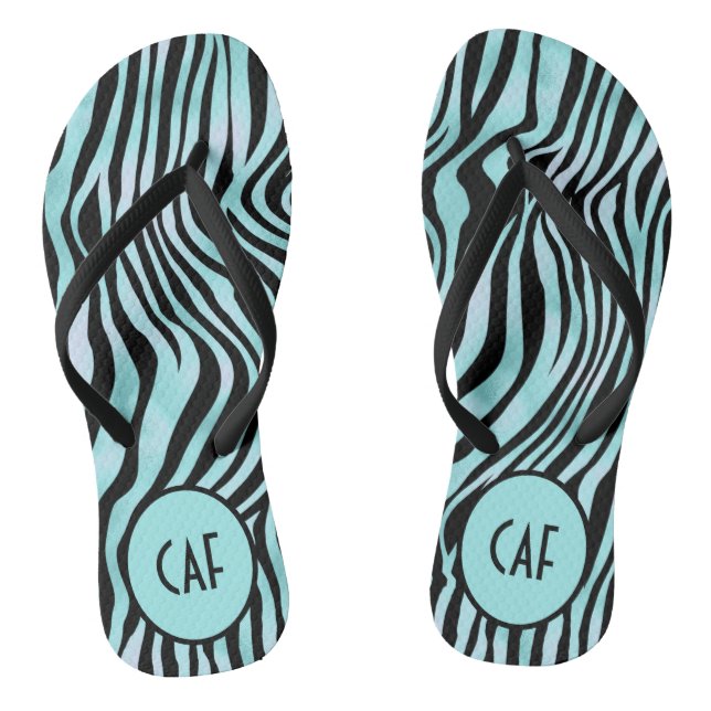 Tongs Turquoise Aqua Black Zebra Poster de animal Monogr (Semelle)