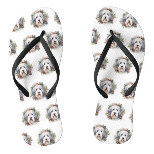 Tongs Vieux anglais Sheepdog Christmas Wreath Festive Pu