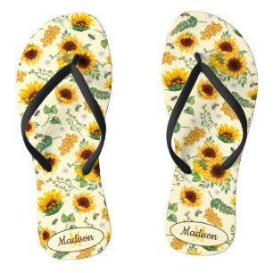 Tongs Yellow Painted Sunflower Bees Motif Monogramme