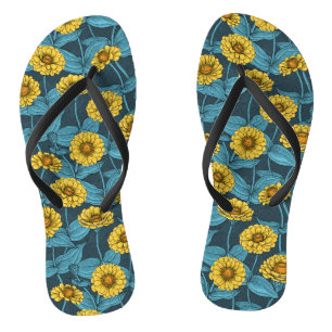 Tongs Zinnias jaune sur bleu foncé