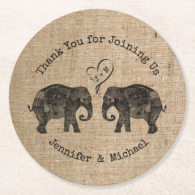 TONNEN LIEBE | Elephant Couple Gastgeschenk Hochze Runder Pappuntersetzer (Vorderseite)