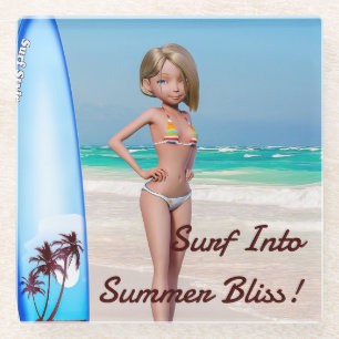 Toon Surfer Girl Posing an der Küste Glasuntersetzer