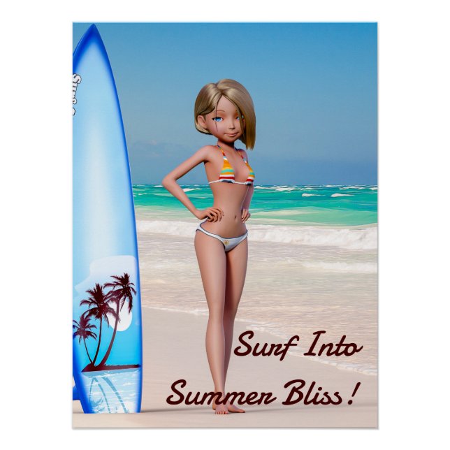 Toon Surfer Girl Posing an der Küste Poster (Vorderseite)