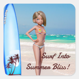 Toon Surfer Girl Posing an der Küste Quadratischer Aufkleber