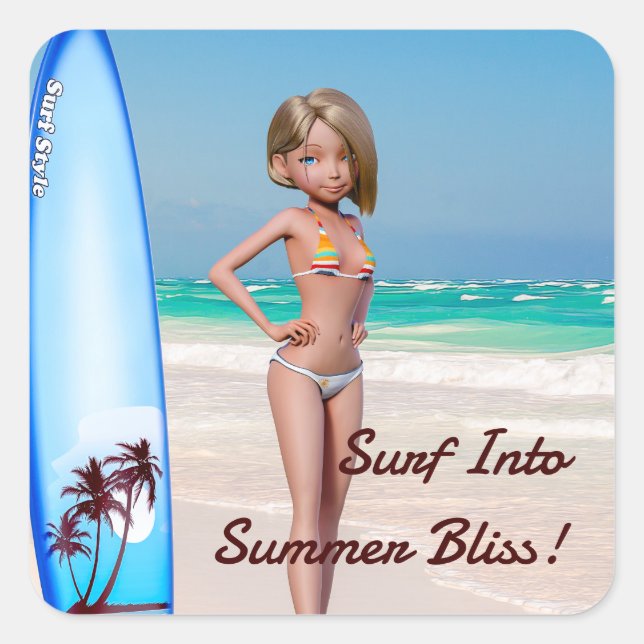 Toon Surfer Girl Posing an der Küste Quadratischer Aufkleber (Vorderseite)