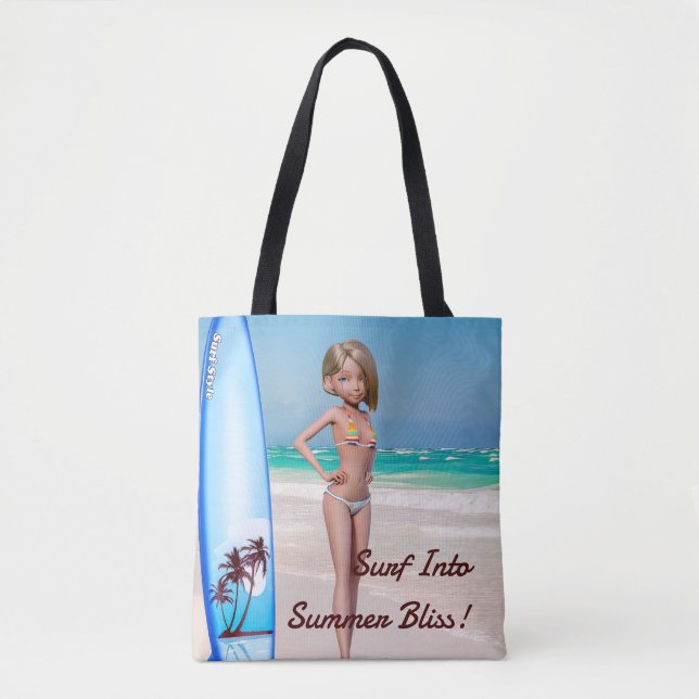 Toon Surfer Girl Posing an der Küste Tasche (Vorderseite)