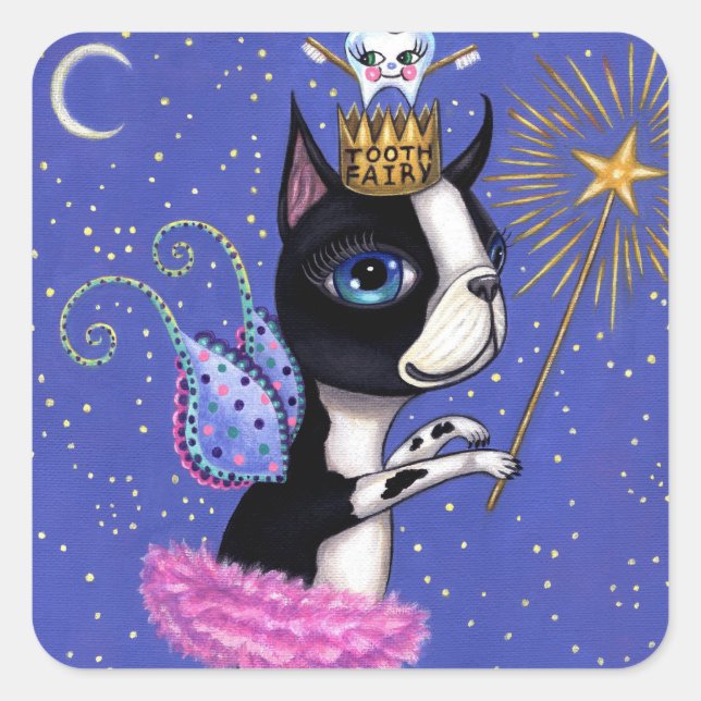 Tooth Fairy Dog Boston Terrier Pink Tutu Crown Quadratischer Aufkleber (Vorderseite)