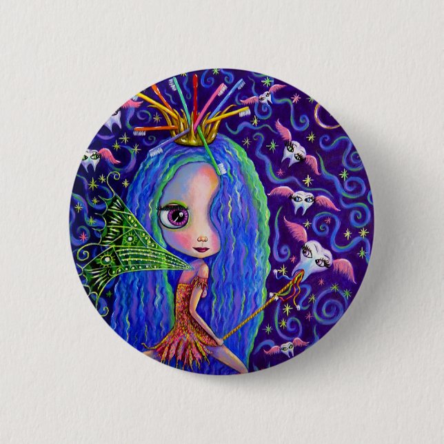 Tooth Fairy Flying Teeth Toothbrush Crown Big Eyes Button (Vorderseite)