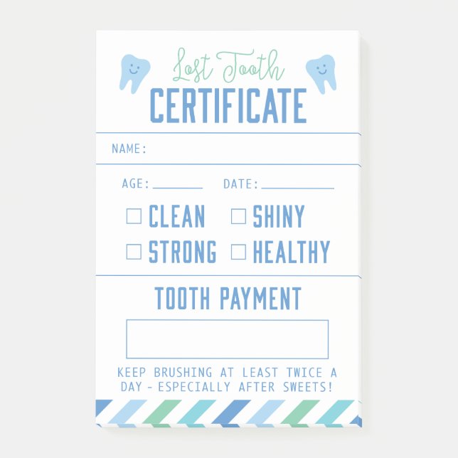 Tooth Fairy Keepake Certificate Boy Post-it Klebezettel (Vorderseite)