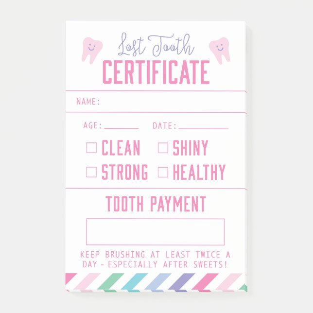 Tooth Fairy Keepake Certificate Girl Post-it Klebezettel (Vorderseite)